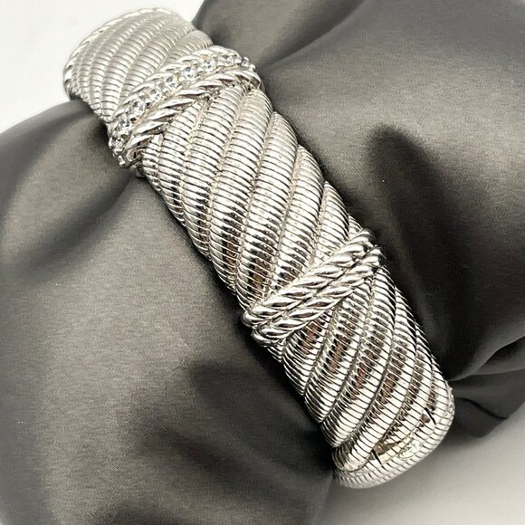 JUDITH RIPKA Sterling Silver CZ  3/4” Wide Cable Hinged Cuff Bracelet 75g - Picture 4 of 11